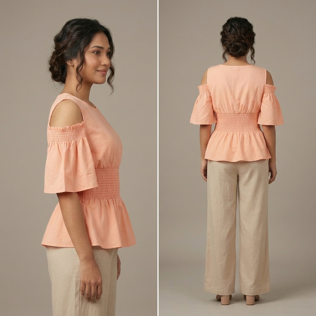 Waist Gathered Flutter Sleeve Tops -Baby Pink