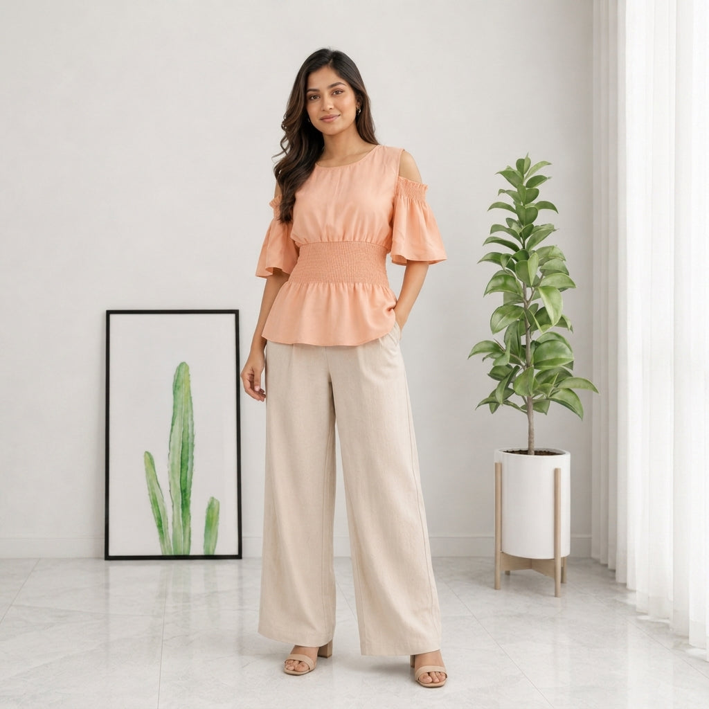 Waist Gathered Flutter Sleeve Tops -Baby Pink