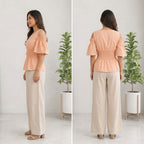 Waist Gathered Flutter Sleeve Tops -Baby Pink
