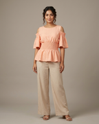 Waist Gathered Flutter Sleeve Tops -Baby Pink