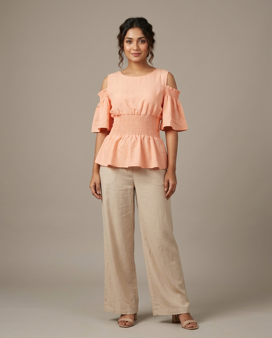 Waist Gathered Flutter Sleeve Tops -Baby Pink