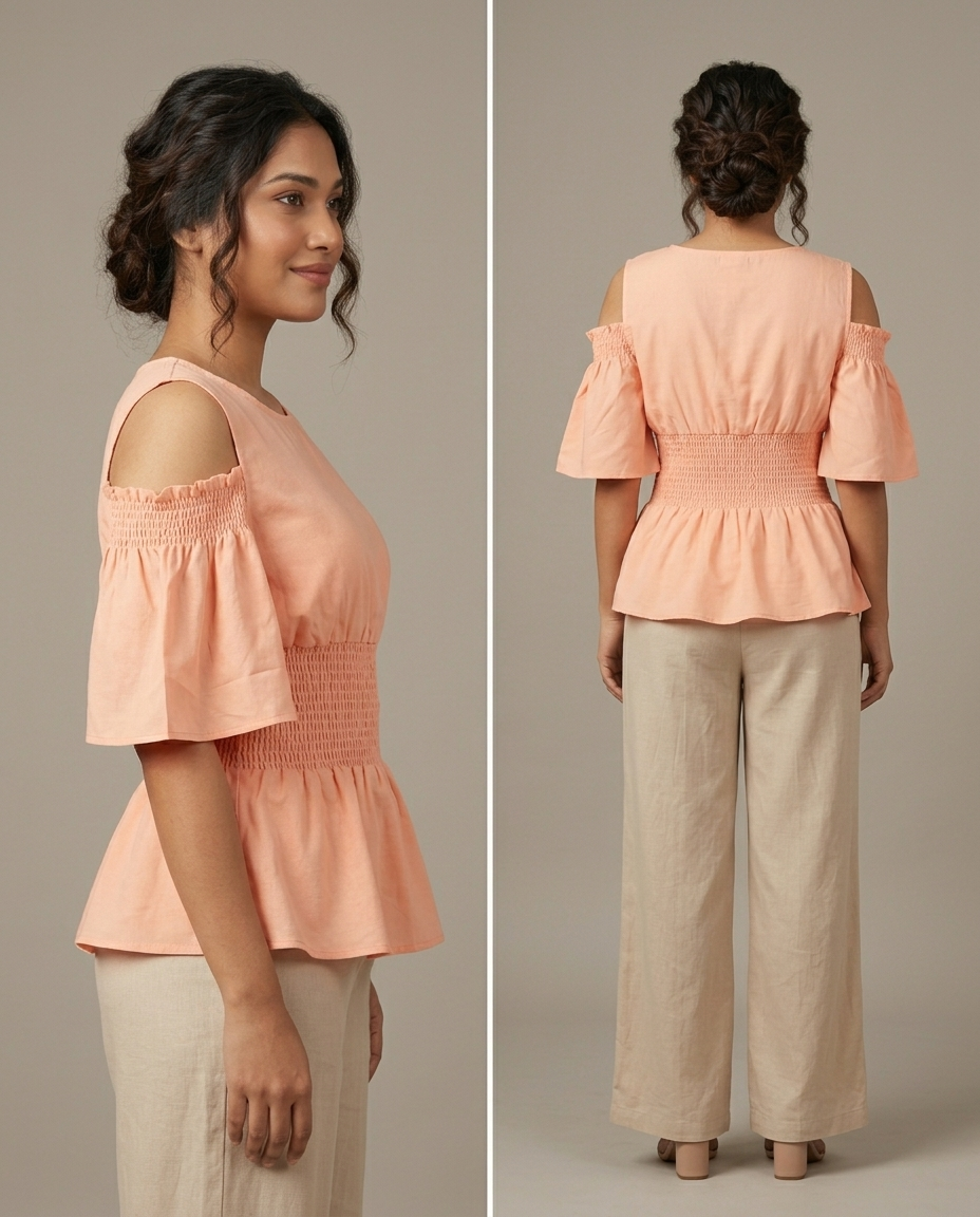 Waist Gathered Flutter Sleeve Tops -Baby Pink