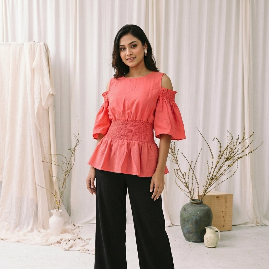 Waist Gathered Flutter Sleeve Tops -Dusty Pink (Misti Color)