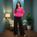 Waist Gathered Flutter Sleeve Tops -Hot Pink