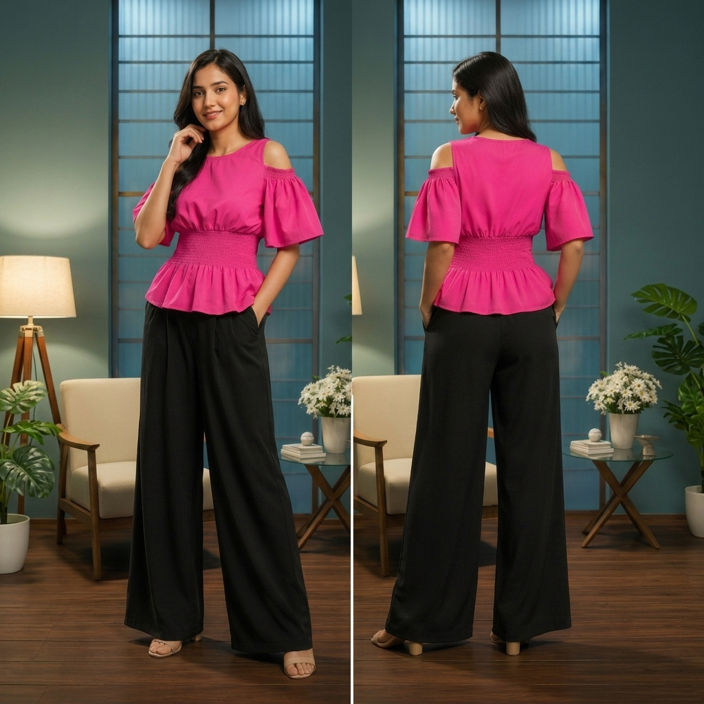 Waist Gathered Flutter Sleeve Tops -Hot Pink