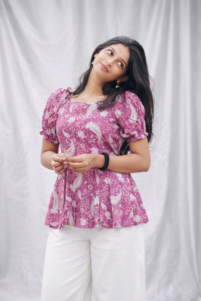 Ladies Floral Printed Square Neck Tops - Purple