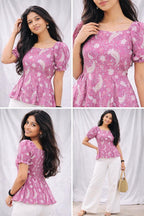 Ladies Floral Printed Square Neck Tops - Purple