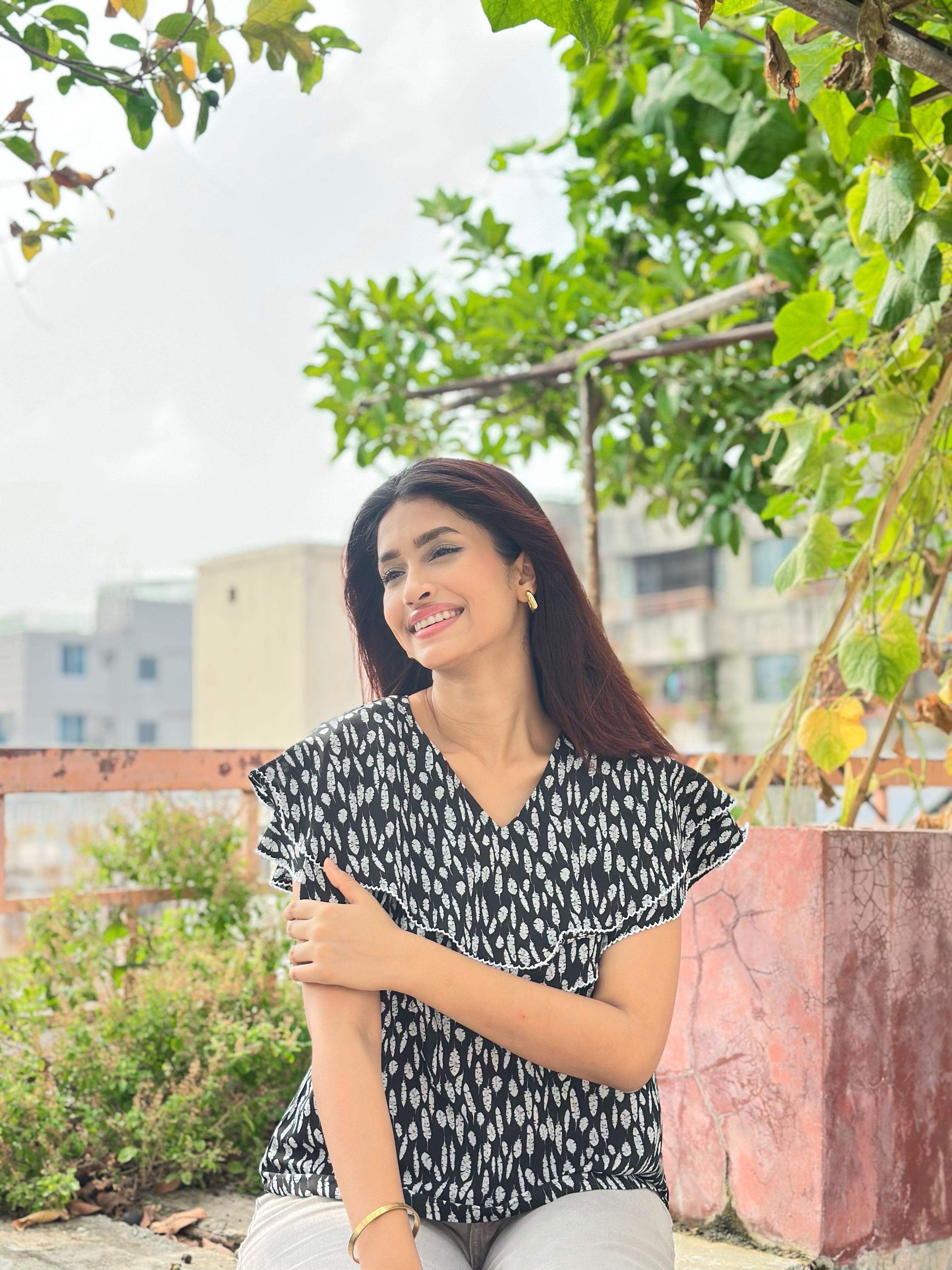Ladies Floral Printed Double Tops -Black