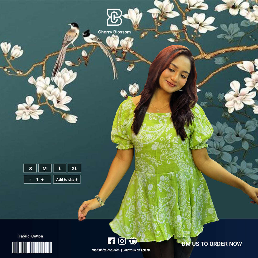 Ladies Floral Printed Square Neck Tops - Green