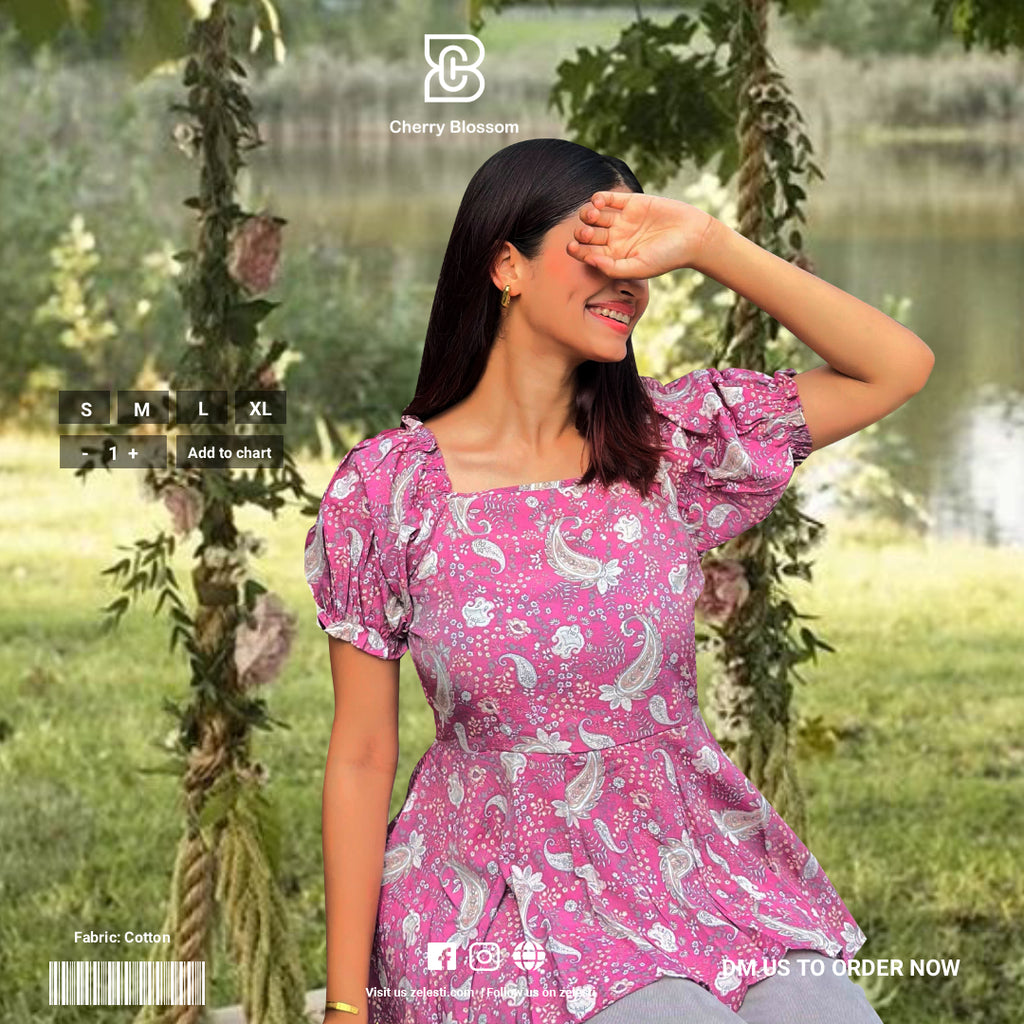 Ladies Floral Printed Square Neck Tops - Purple